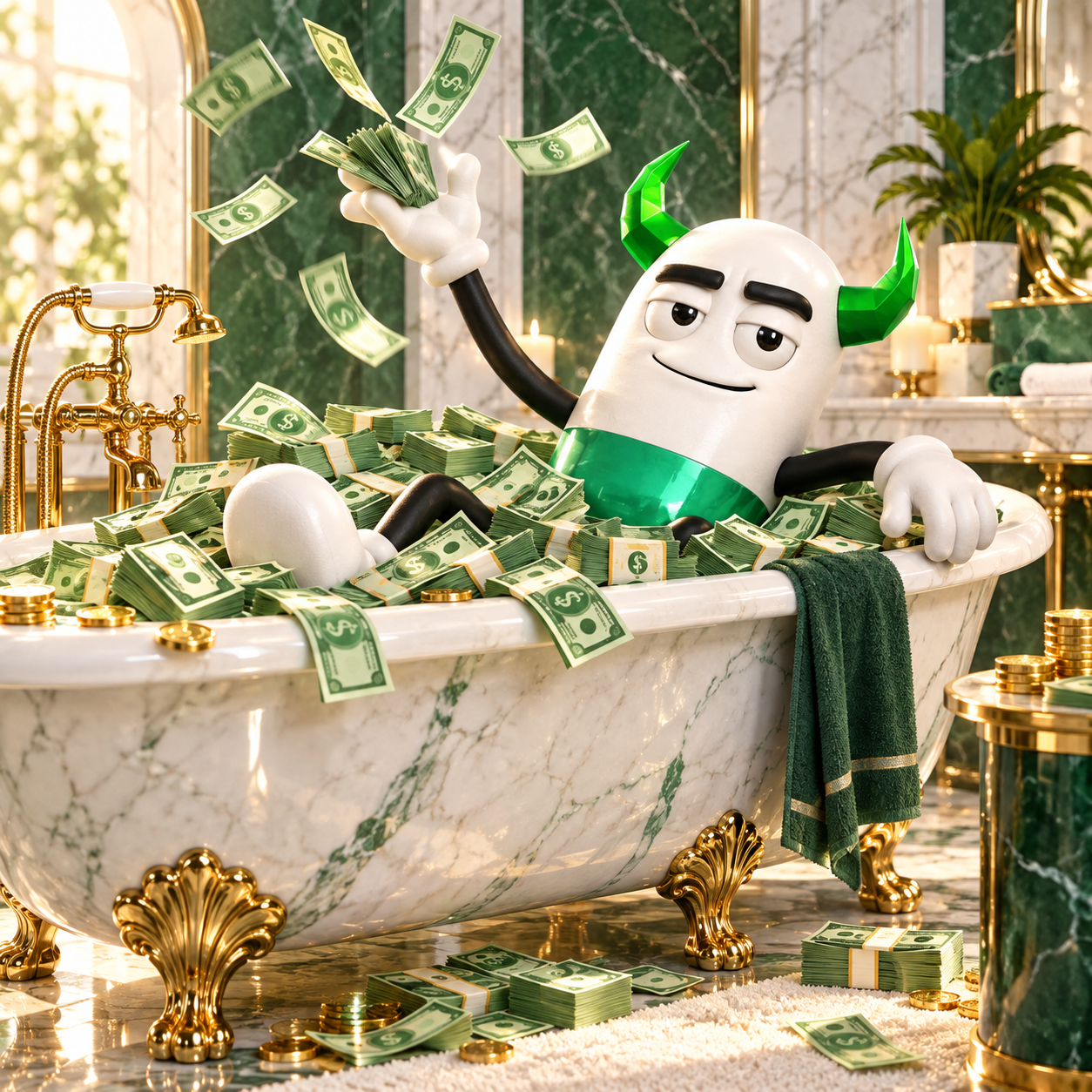 PILLSEM relaxing in a marble bathtub overflowing with cash and tossing banknotes into the air