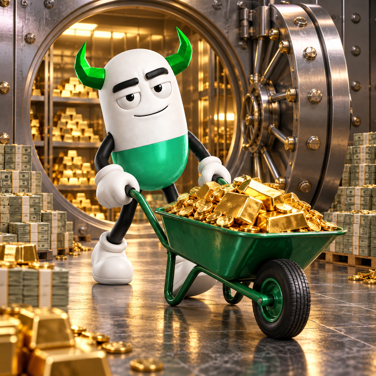 PILLSEM pushing a wheelbarrow full of gold bars and coins out of a bank vault